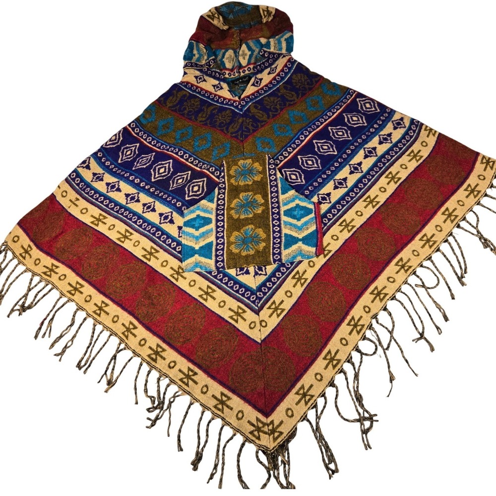 Step In Style Bohemian 100% Wool Hooded Poncho Multi-Color Boho Fringe Wrap